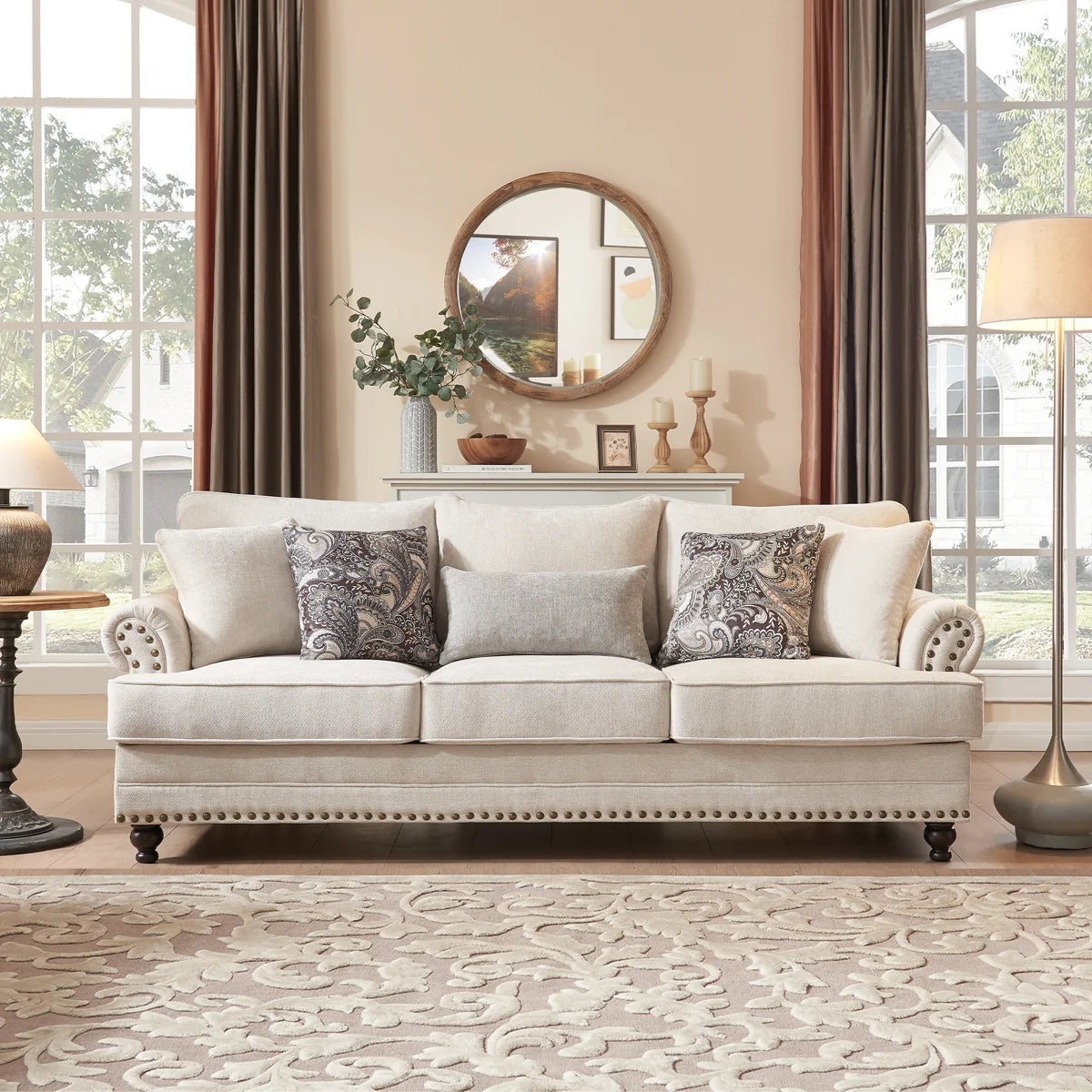 Estelle Modern Farmhouse Sofa With Nailhead Trim, Chenille Upholstery Couch, Rolled Arms, Deep Seat, Wooden Legs, Includes 5 Accent Pillows
