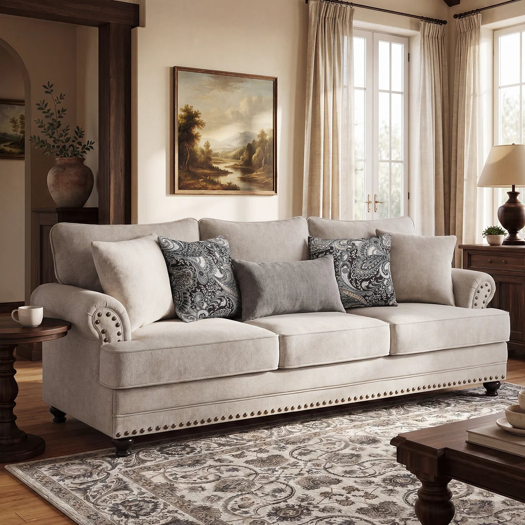 Estelle Modern Farmhouse Sofa With Nailhead Trim, Chenille Upholstery Couch, Rolled Arms, Deep Seat, Wooden Legs, Includes 5 Accent Pillows