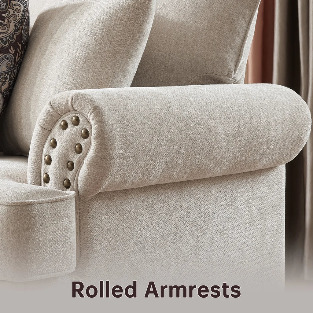 Estelle Modern Farmhouse Sofa With Nailhead Trim, Chenille Upholstery Couch, Rolled Arms, Deep Seat, Wooden Legs, Includes 5 Accent Pillows