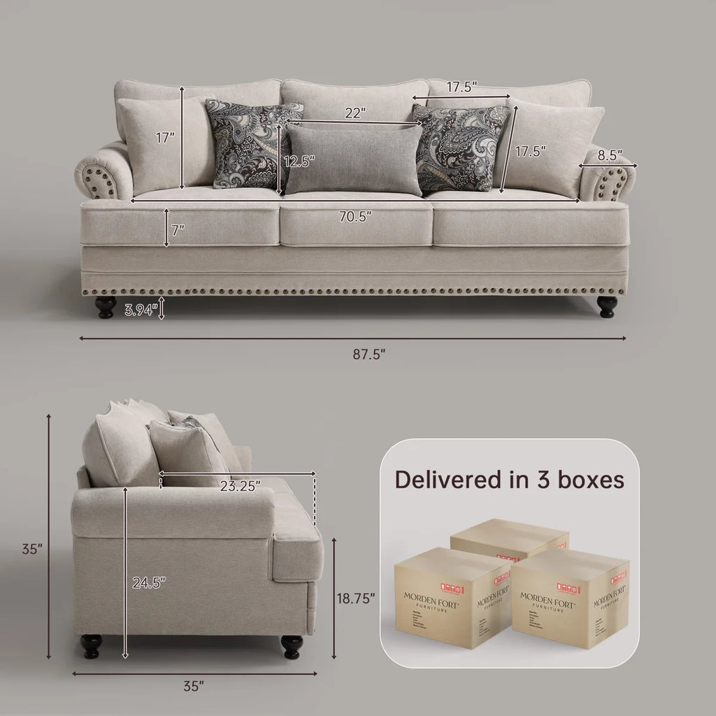 Estelle Modern Farmhouse Sofa With Nailhead Trim, Chenille Upholstery Couch, Rolled Arms, Deep Seat, Wooden Legs, Includes 5 Accent Pillows