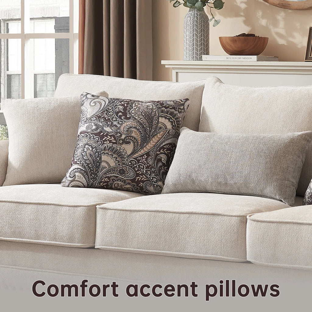 Estelle Modern Farmhouse Sofa With Nailhead Trim, Chenille Upholstery Couch, Rolled Arms, Deep Seat, Wooden Legs, Includes 5 Accent Pillows