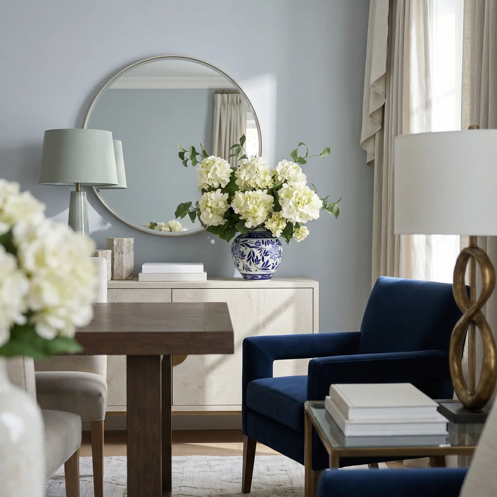 Ferrer Handcrafted Lifelike Hydrangea Ceramic Vase Arrangement