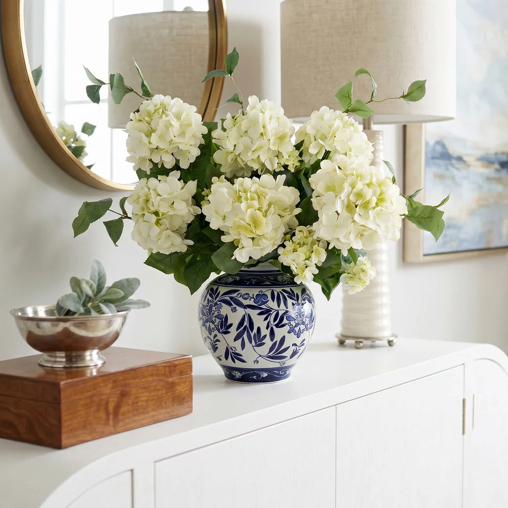 Ferrer Handcrafted Lifelike Hydrangea Ceramic Vase Arrangement